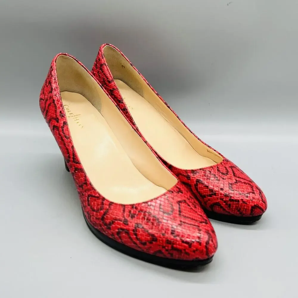 Cole Haan Shoes Women 9 Red Leather Snake Print Cone Heel Pump Round Toe Slip On